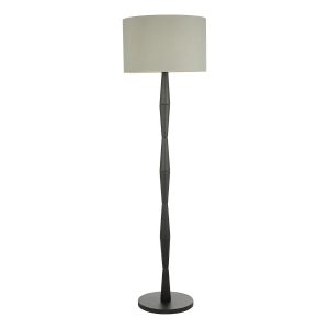 Sierra 1 light black wood floor lamp with grey linen shade on white background