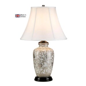 Silver Thistle British made porcelain table lamp with white shade on white background