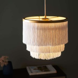 Matt gold tiered 1 light small ceiling pendant with white tassels main image