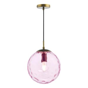 Ripple single pendant light in brushed bronze finish with pink glass shade on white background lit