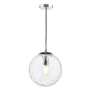 Ripple single pendant light in polished chrome with clear glass shade on white background lit