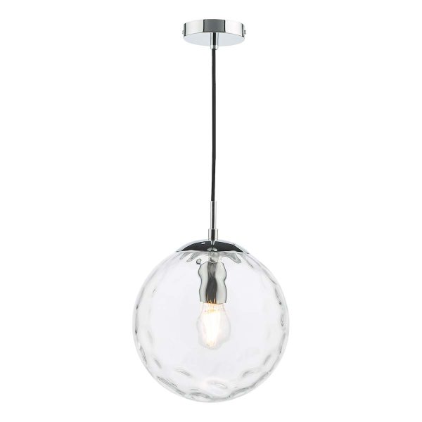 Ripple single pendant light in polished chrome with clear glass shade on white background lit