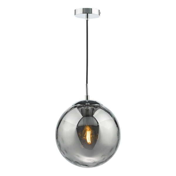 Ripple single pendant light in polished chrome with smoked glass shade on white background lit