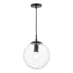 Ripple single pendant light in matt black with clear glass shade on white background lit