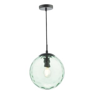 Ripple single pendant light in matt black with green glass shade on white background lit