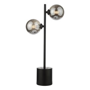 Spiral 2 light modern table lamp in matt black with smoked glass shades on white background