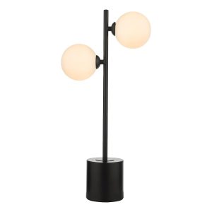 Spiral 2 light modern table lamp in matt black with opal white glass shades on white background