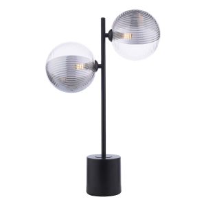 Spiral 2 light table lamp in matt black finish with clear and smoked glass globe shades on white background lit