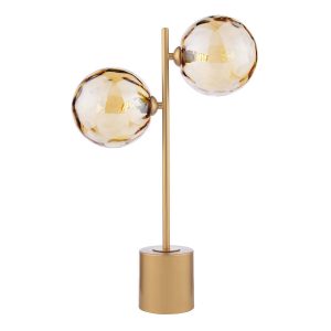 Spiral 2 light table lamp in matt gold with dimpled champagne glass shades on white background lit