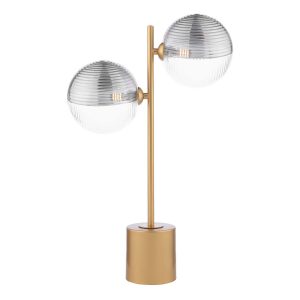 Spiral 2 light table lamp in matt gold with clear and smoked glass shades on white background lit