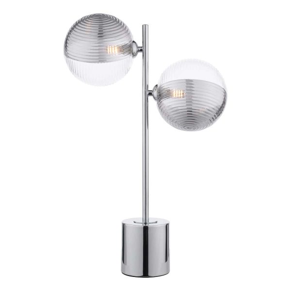 Spiral 2 light table lamp in polished chrome with clear and smoked glass shades on white background lit