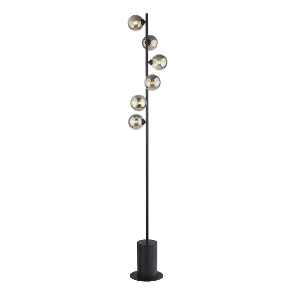 Spiral 6 light modern floor lamp in matt black with smoked glass shades on white background