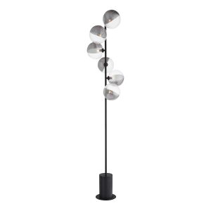 Spiral 6 light floor lamp in matt black finish with clear and smoked glass shades on white background lit