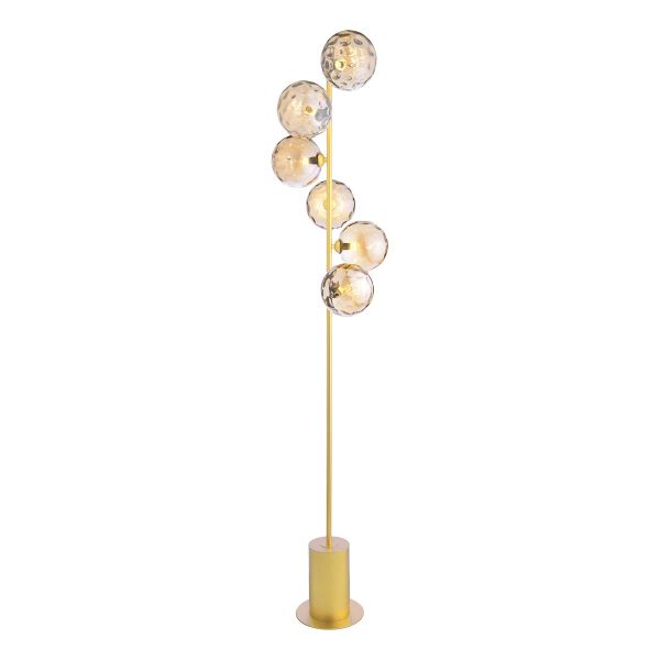 Spiral 6 light floor lamp in matt gold with dimpled champagne glass shades on white background lit