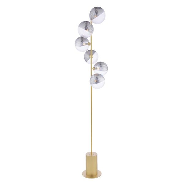 Spiral 6 light floor lamp in matt gold with clear and smoked glass shades on white background lit