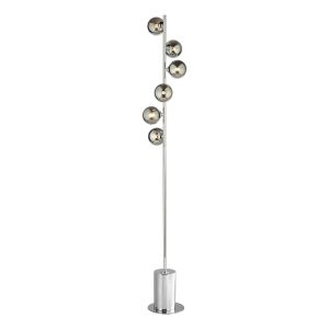 Spiral 6 light modern floor lamp in polished chrome with smoked glass shades on white background