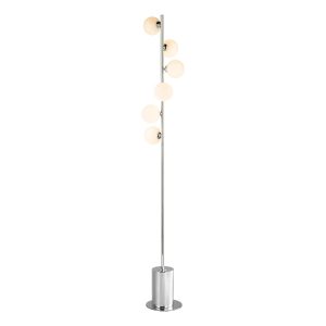 Spiral 6 light modern floor lamp in polished chrome with opal white glass shades on white background