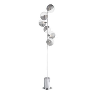 Spiral 6 light floor lamp in polished chrome with clear and smoked glass shades on white background lit