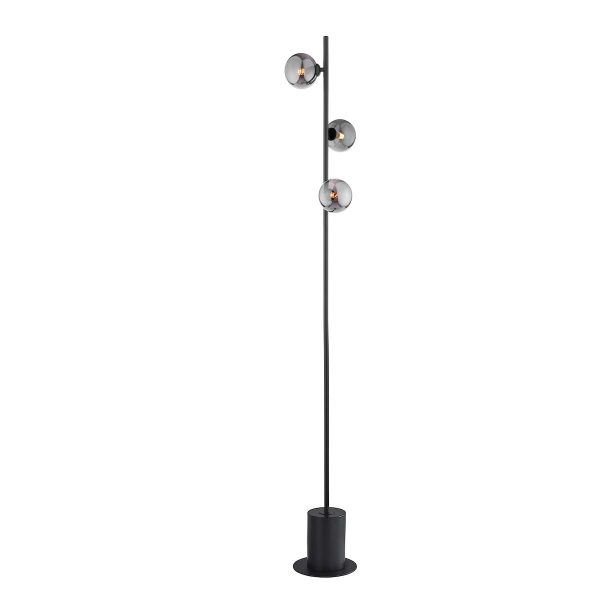 Spiral 3 light modern floor lamp in matt black with smoked glass globe shades on white background lit