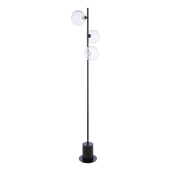 Spiral 3 light modern floor lamp in matt black with clear dimpled glass shades on white background lit