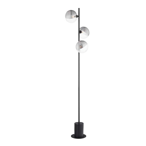 Spiral 3 light floor lamp in matt black finish with clear and smoked glass shades on white background lit