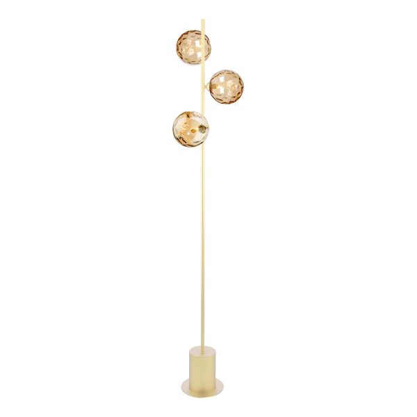 Spiral 3 light floor lamp in matt gold with dimpled champagne glass shades on white background lit