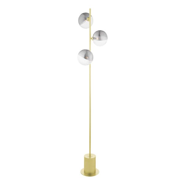 Spiral 3 light floor lamp in matt gold with clear and smoked glass shades on white background lit