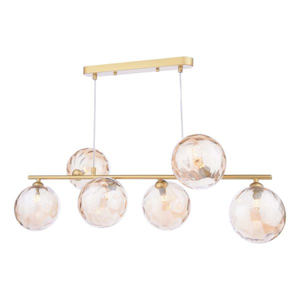 Spiral 6 light bar pendant in matt gold with dimpled champagne glass shades on white background lit