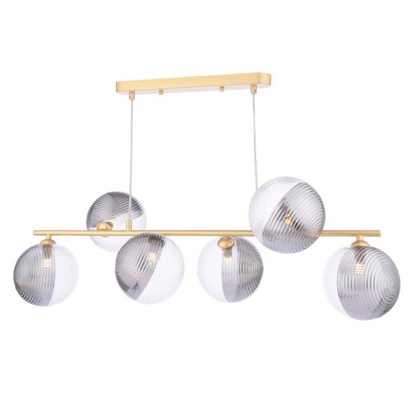 Spiral 6 light bar pendant in matt gold with clear and smoked glass shades on white background lit