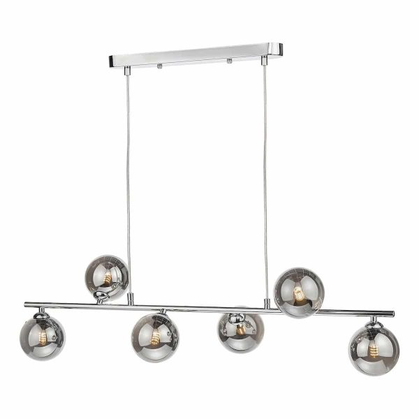 Spiral 6 light modern bar pendant in polished chrome with smoked glass shades on white background