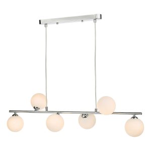 Spiral 6 light modern bar pendant in polished chrome with opal white glass shades on white background