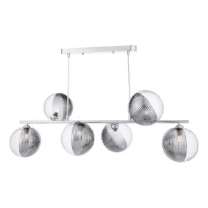 Spiral 6 light bar pendant in polished chrome with clear and smoked glass shades on white background lit