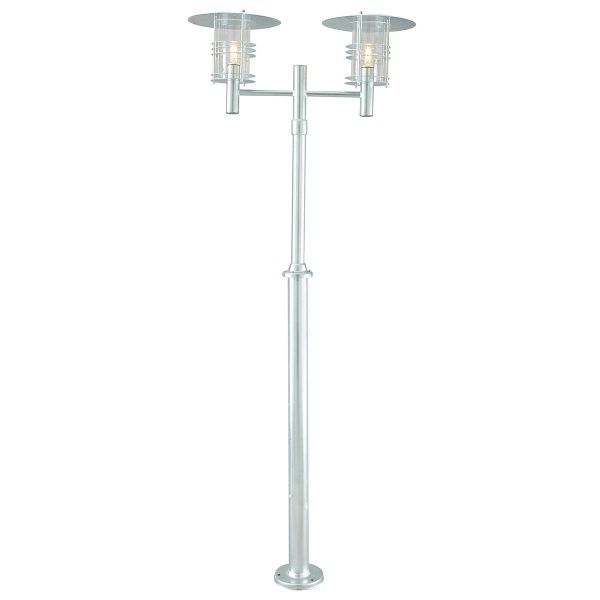 Norlys Stockholm 2 head outdoor lamp post in galvanised steel on white background