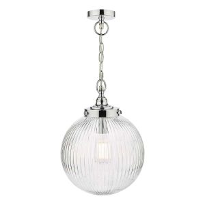 Tamara 1 lamp bathroom pendant light in chrome with ribbed glass shade on white background