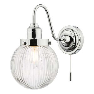 Tamara bathroom wall light with switch in polished chrome on white background lit