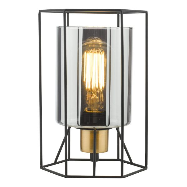 Dar Tatum 1 light modern table lamp in matt black with smoked glass shade on white background