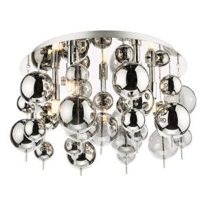 Thora modern 5 light low ceiling light in chrome with smoked glass on white background lit