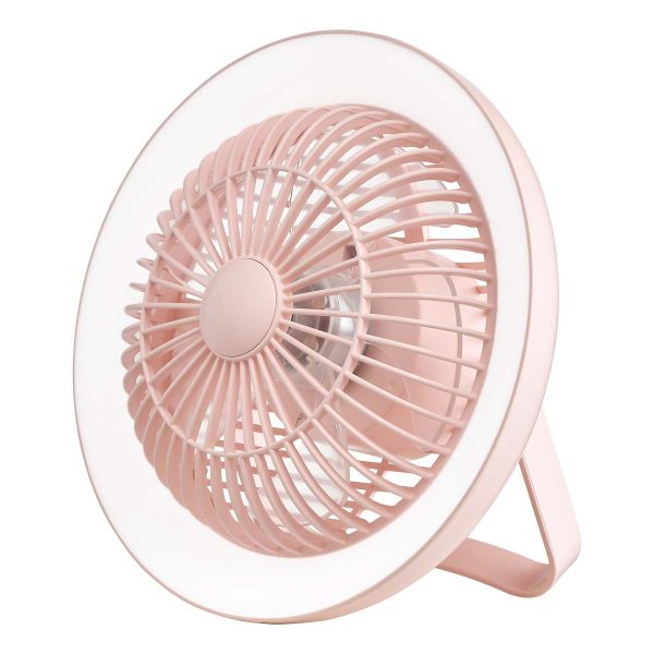 Turbo rechargeable desk fan with dimming LED light finished in pink on white background lit