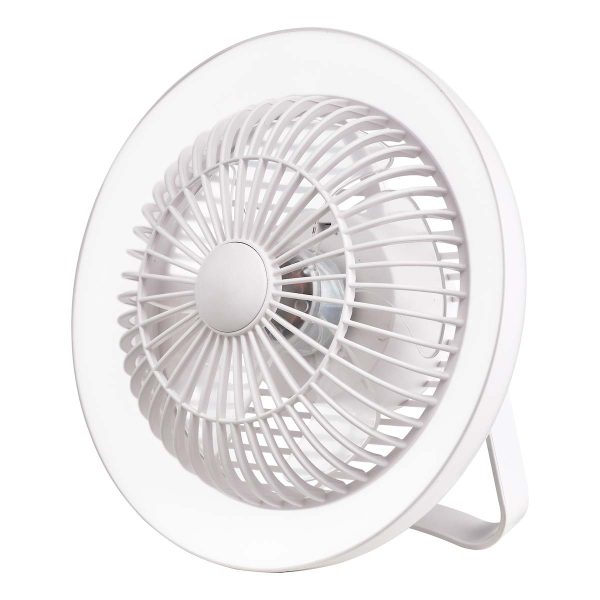 Turbo rechargeable desk fan with dimming LED light finished in white on white background