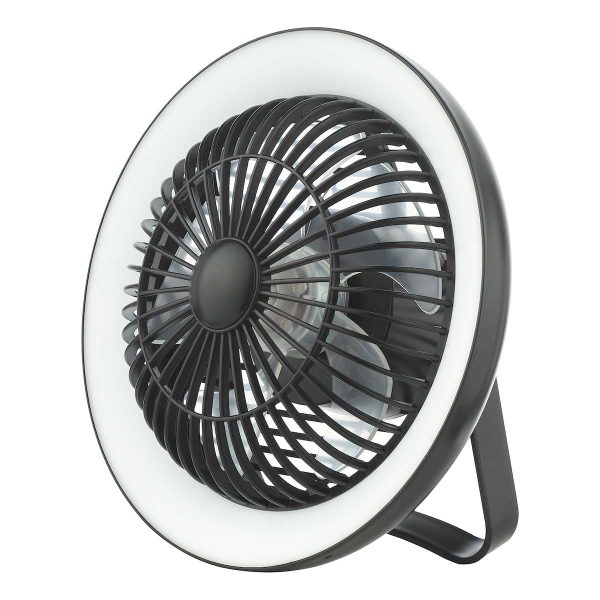 Turbo rechargeable desk fan with dimming LED light finished in black on white background lit