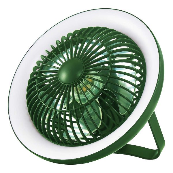 Turbo rechargeable desk fan with dimming LED light finished in green on white background