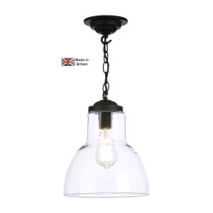 Upton small pendant light in matt black with clear glass shade on white background lit