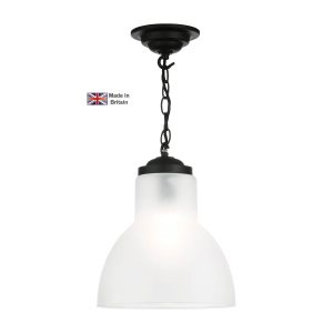 Upton small pendant light in matt black with opal white glass shade on white background lit