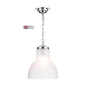 Upton chrome 1 light small pendant with opal glass shade on white background lit