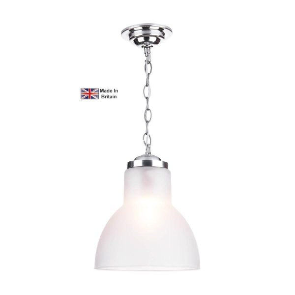 Upton chrome 1 light small pendant with opal glass shade on white background lit
