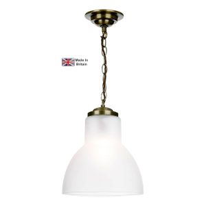Upton small solid brass 1 light pendant with opal glass shade on white background lit