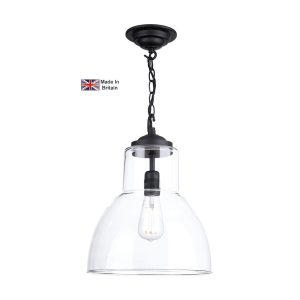 Upton large pendant light in matt black with clear glass shade on white background lit