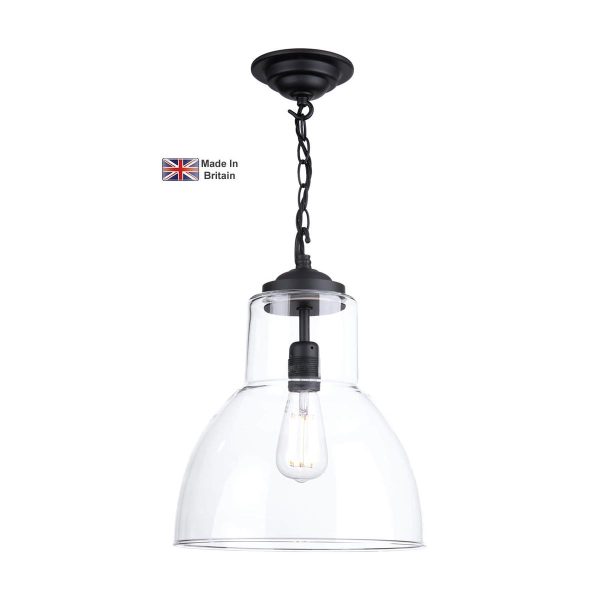 Upton large pendant light in matt black with clear glass shade on white background lit