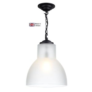 Upton large pendant light in matt black with opal white glass shade on white background lit