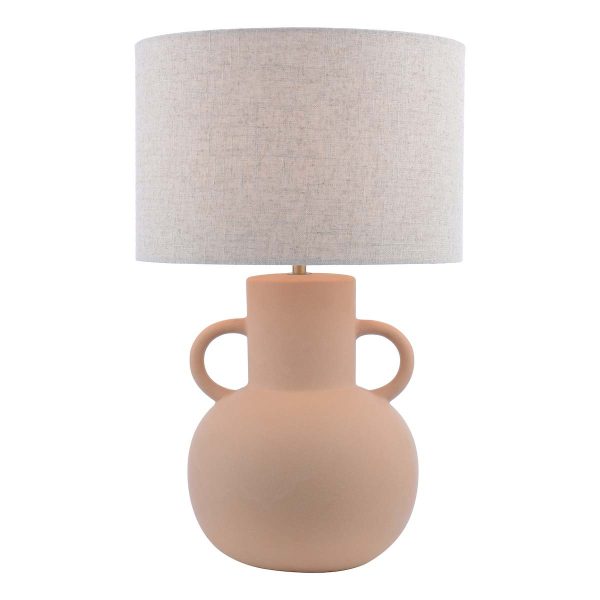 Urn terracotta table lamp with natural linen shade on white background